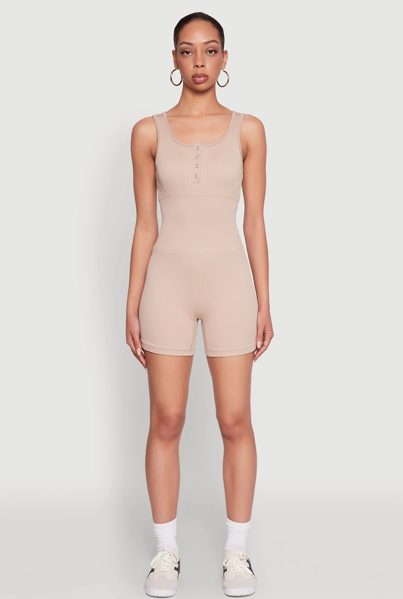 Womens Seamless Snap Button Front Biker Romper, Beige, Size S-M