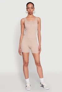 Womens Seamless Snap Button Front Biker Romper, Beige, Size M-L