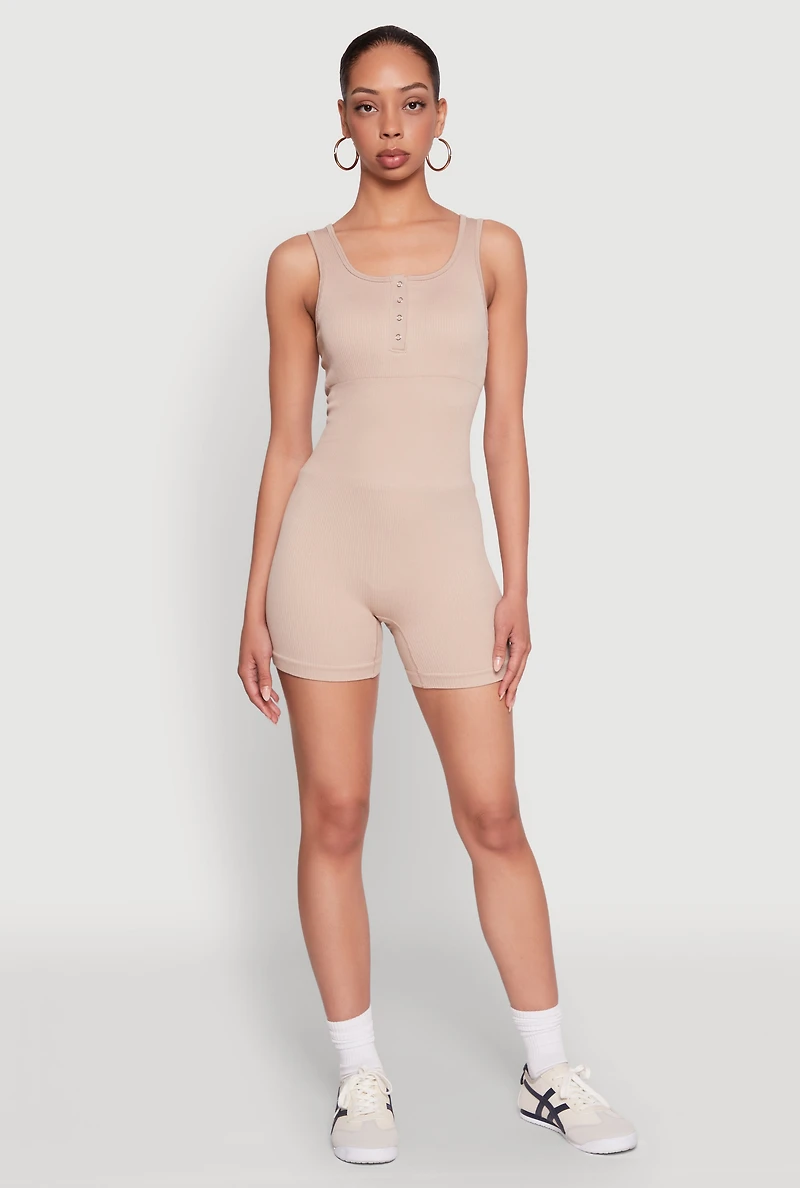 Womens Seamless Snap Button Front Biker Romper, Beige, Size S-M