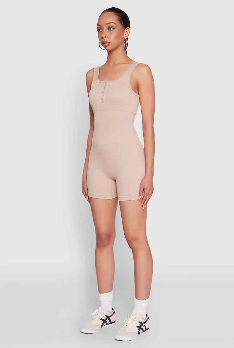 Womens Seamless Snap Button Front Biker Romper, Beige, Size S-M