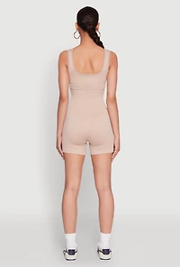 Womens Seamless Snap Button Front Biker Romper, Beige, Size S-M