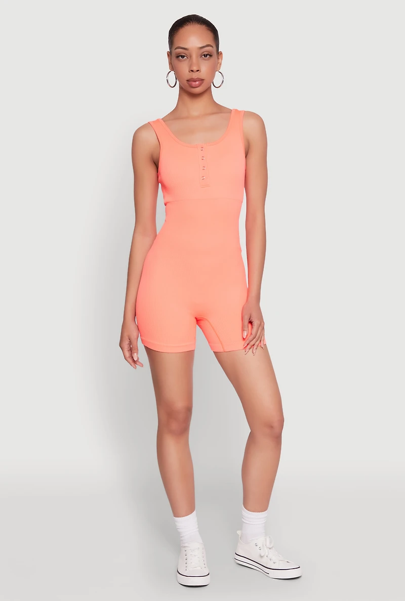 Womens Seamless Snap Button Front Biker Romper, Orange, Size L-XL