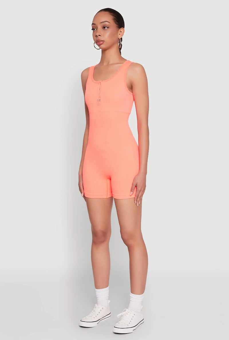 Womens Seamless Snap Button Front Biker Romper, Orange, Size L-XL