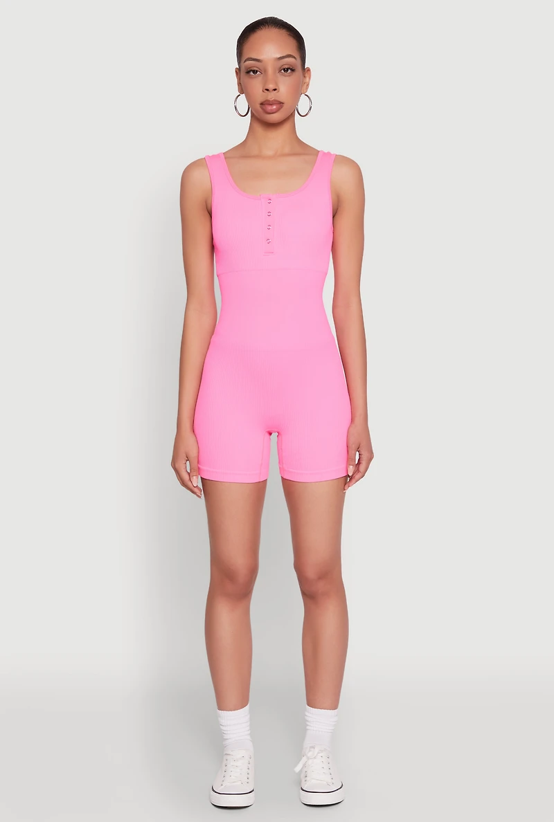 Womens Seamless Snap Button Front Biker Romper, Pink, Size L-XL
