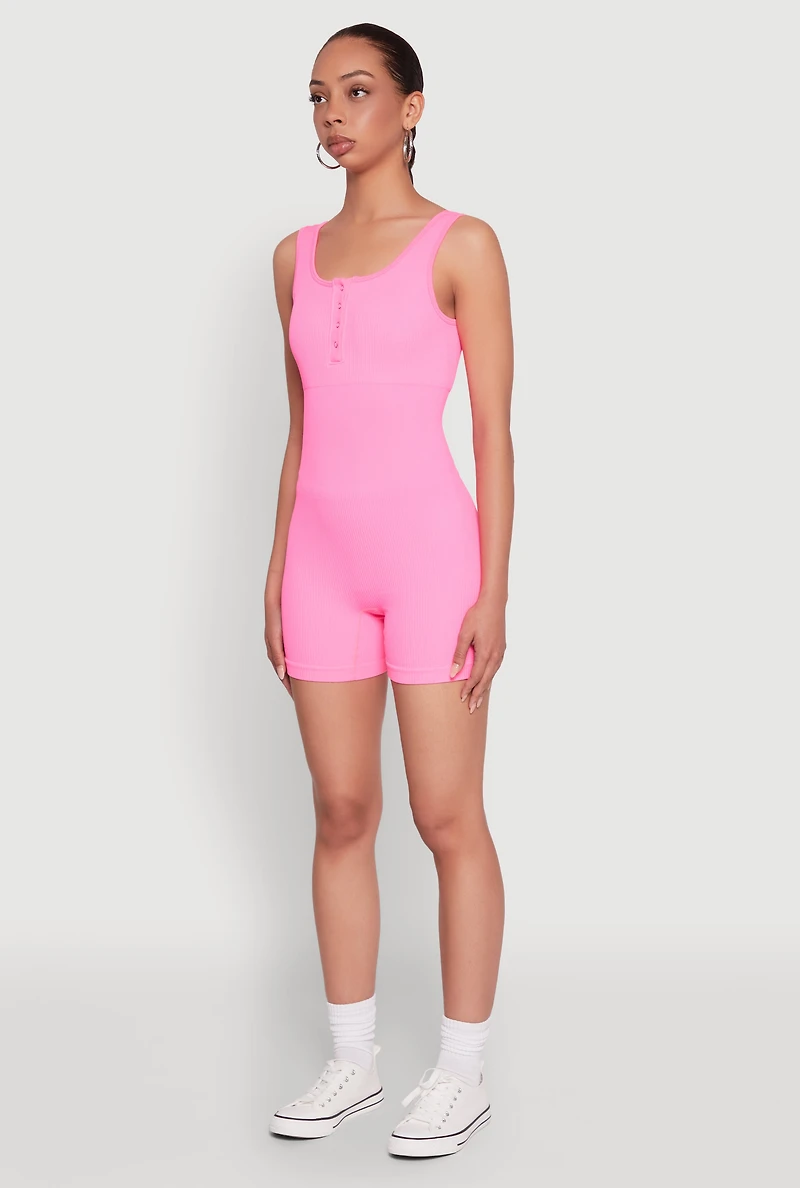 Womens Seamless Snap Button Front Biker Romper, Pink, Size L-XL