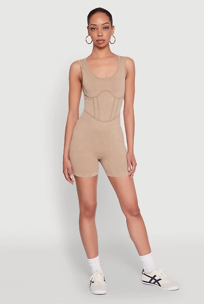 Womens Mineral Wash Corset Detail Biker Romper, Beige, Size M-L