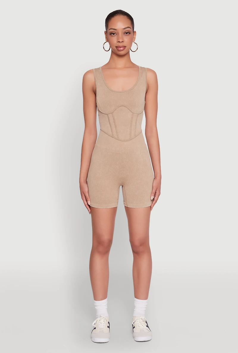 Womens Mineral Wash Corset Detail Biker Romper, Beige,
