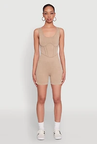 Womens Mineral Wash Corset Detail Biker Romper, Beige,