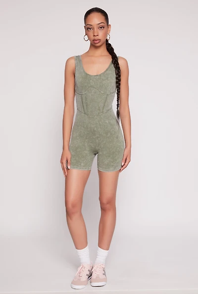 Womens Mineral Wash Corset Detail Biker Romper,