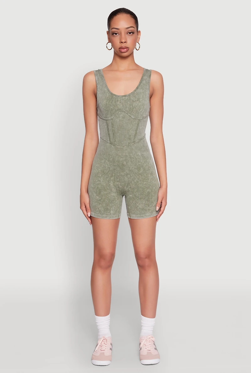 Womens Mineral Wash Corset Detail Biker Romper, Green, Size S-M