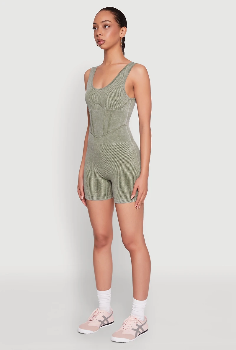 Womens Mineral Wash Corset Detail Biker Romper, Green, Size S-M