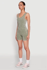 Womens Mineral Wash Corset Detail Biker Romper, Green, Size S-M