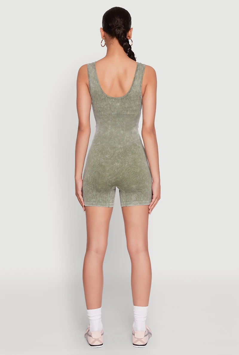 Womens Mineral Wash Corset Detail Biker Romper, Green, Size S-M