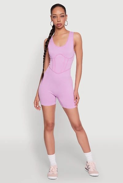 Womens Mineral Wash Corset Detail Biker Romper, Purple, Size L-XL