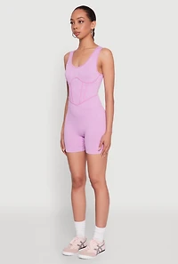 Womens Mineral Wash Corset Detail Biker Romper, Purple, Size L-XL