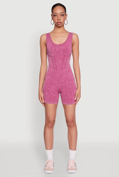 Womens Mineral Wash Corset Detail Biker Romper, Burgundy, Size S-M