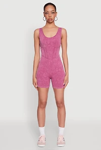Womens Mineral Wash Corset Detail Biker Romper, Burgundy, Size S-M