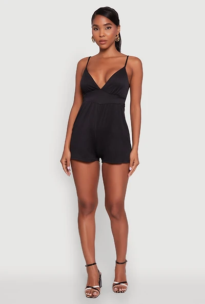 Womens Stylish Textured Knit Plunge Neck Cami Romper with Tie Back,