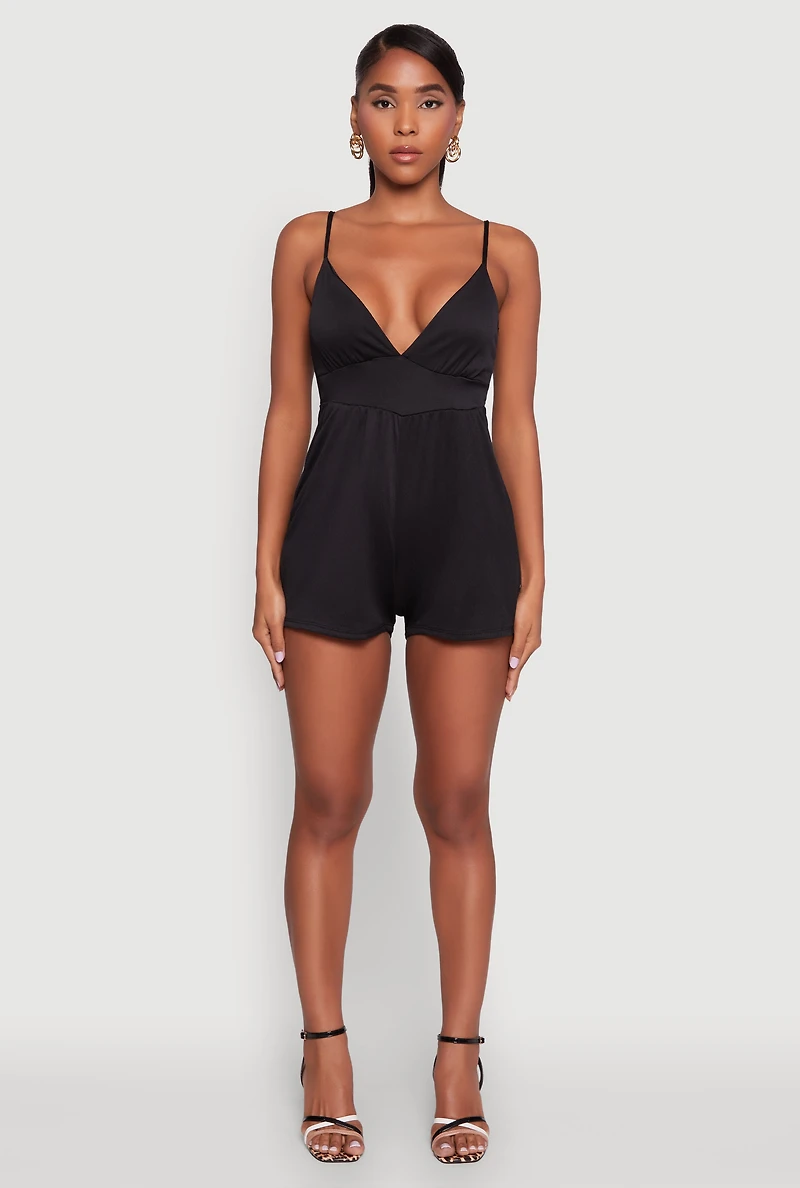 Womens Stylish Textured Knit Plunge Neck Cami Romper with Tie Back,