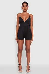 Womens Stylish Textured Knit Plunge Neck Cami Romper with Tie Back,
