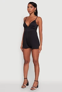 Womens Stylish Textured Knit Plunge Neck Cami Romper with Tie Back,