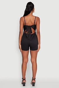 Womens Stylish Textured Knit Plunge Neck Cami Romper with Tie Back,