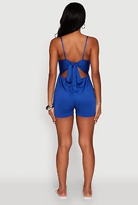 Womens Stylish Textured Knit Plunge Neck Cami Romper with Tie Back,