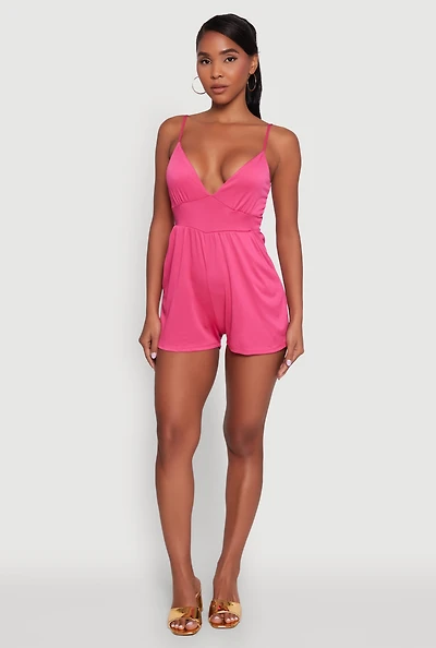 Womens Stylish Textured Knit Plunge Neck Cami Romper with Tie Back, Pink, Size M