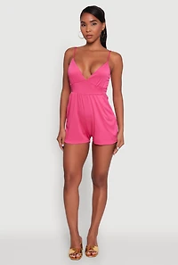 Womens Stylish Textured Knit Plunge Neck Cami Romper with Tie Back, Pink, Size M