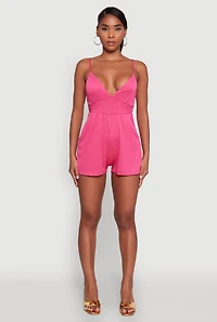 Womens Stylish Textured Knit Plunge Neck Cami Romper with Tie Back, Pink, Size M