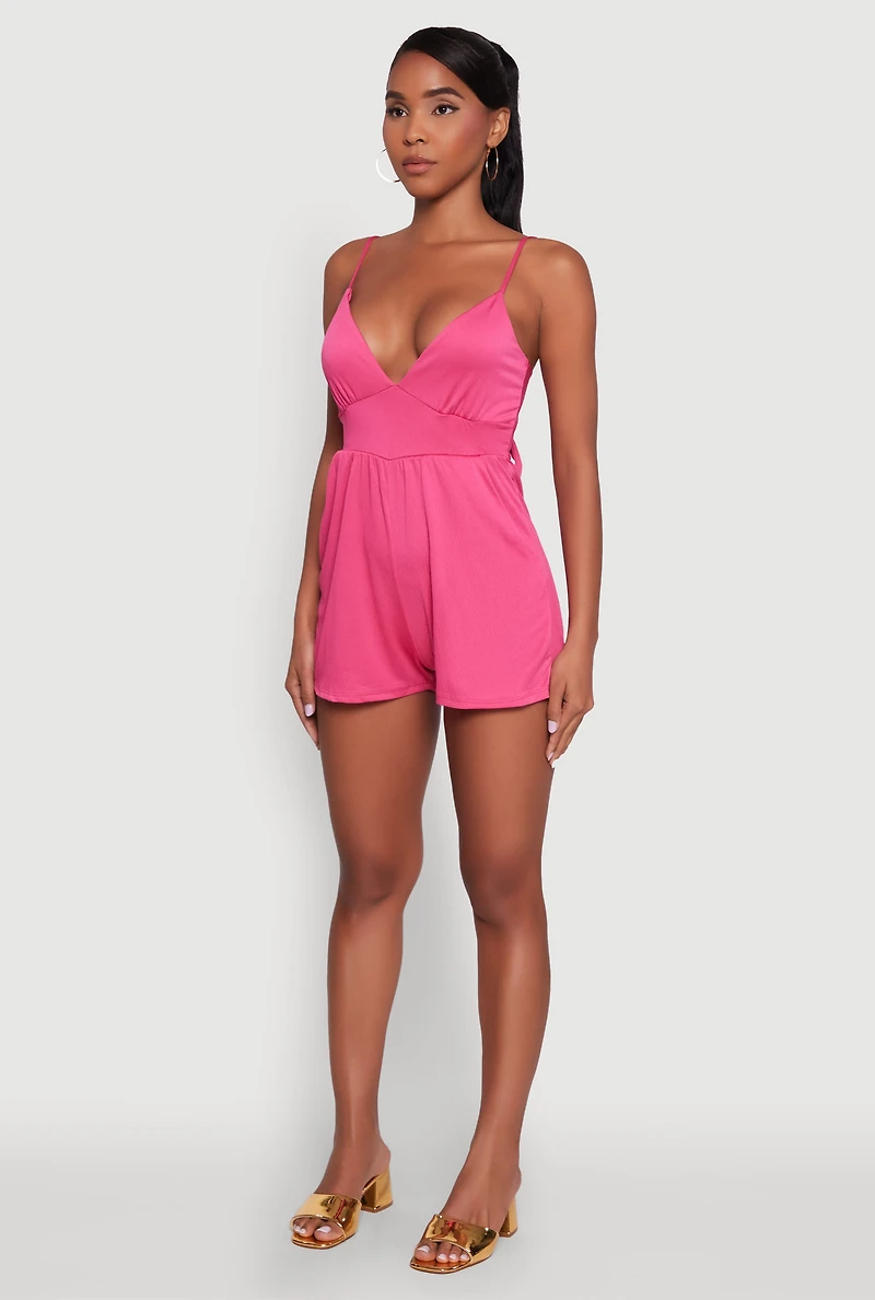 Womens Stylish Textured Knit Plunge Neck Cami Romper with Tie Back, Pink, Size M