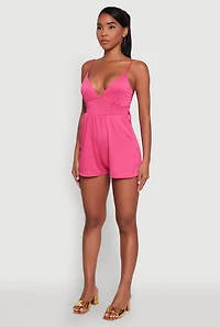 Womens Stylish Textured Knit Plunge Neck Cami Romper with Tie Back, Pink, Size M