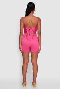 Womens Stylish Textured Knit Plunge Neck Cami Romper with Tie Back, Pink, Size M