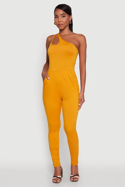 Womens Stylish Cut Out One Shoulder Jumpsuit, Yellow, Size L