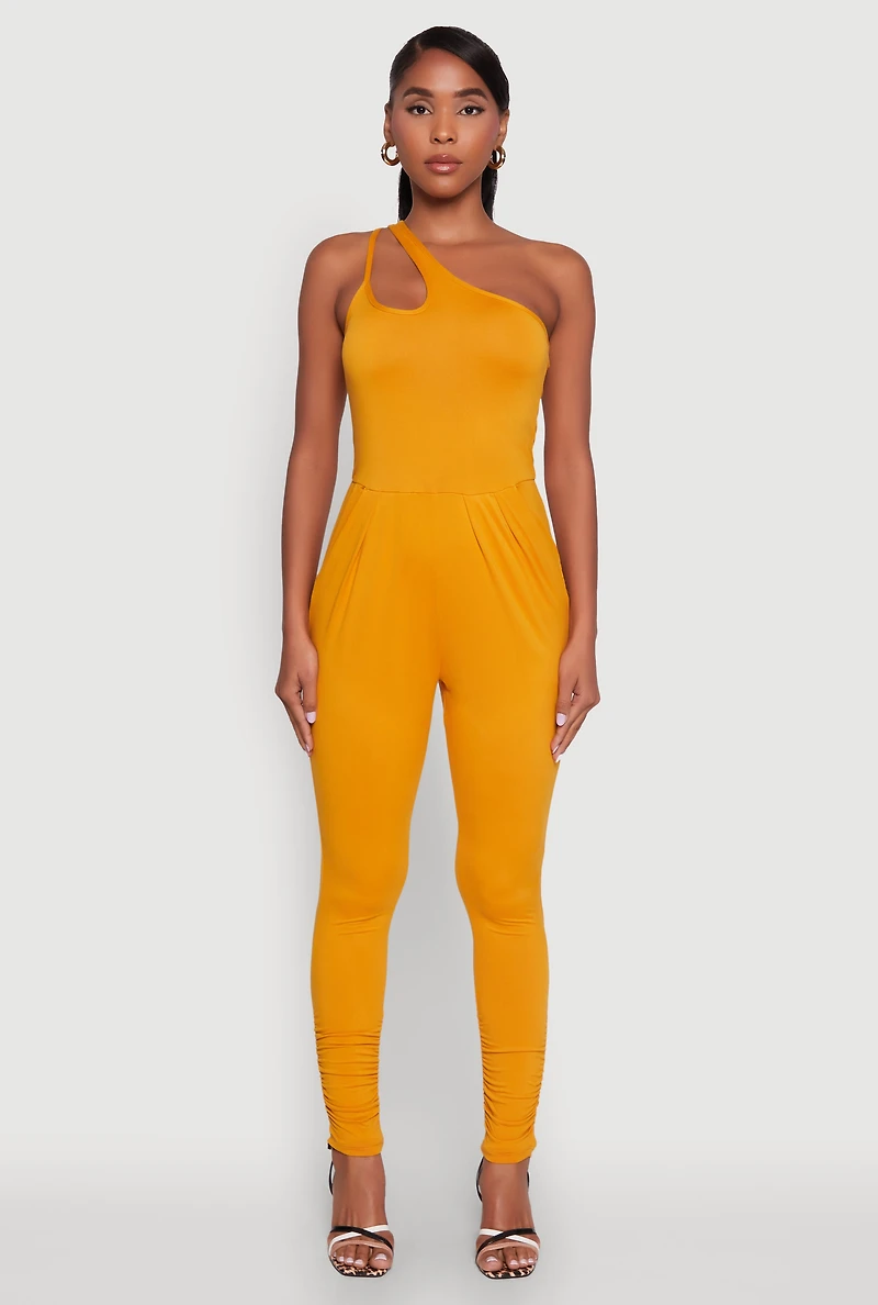 Womens Stylish Cut Out One Shoulder Jumpsuit, Yellow, Size L