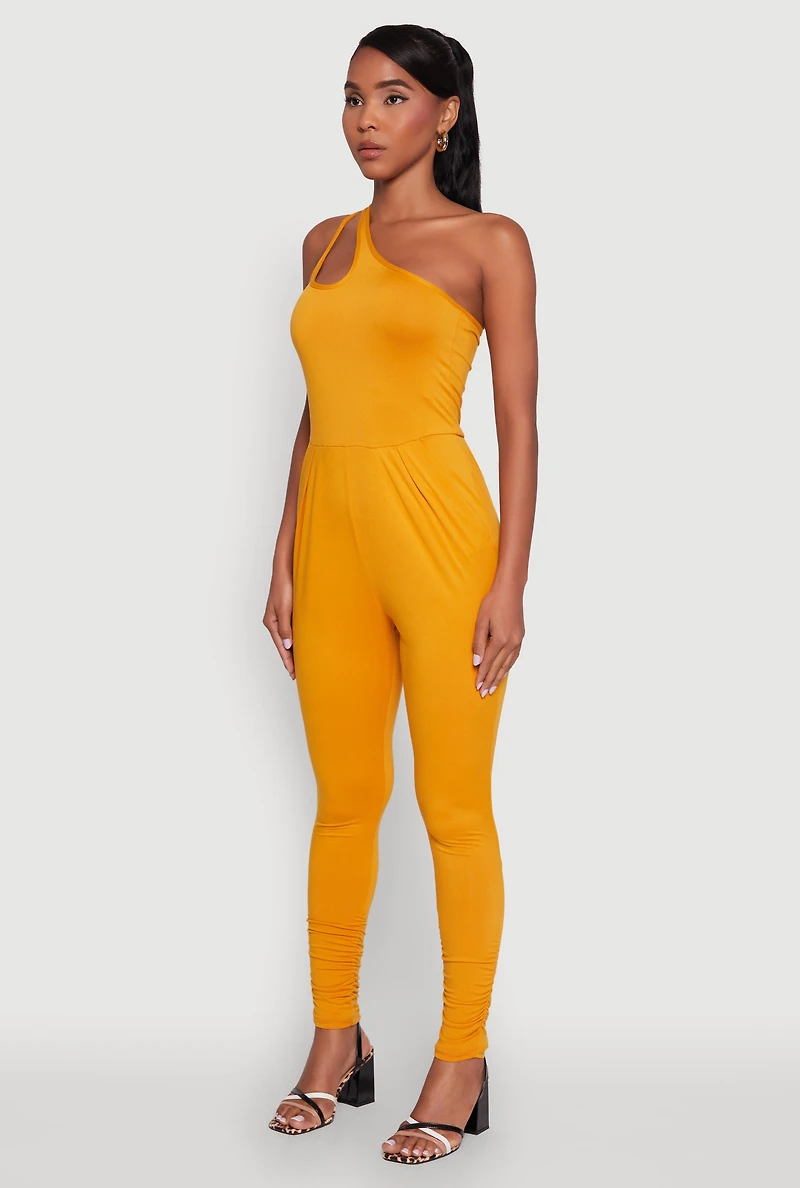 Womens Stylish Cut Out One Shoulder Jumpsuit, Yellow, Size L