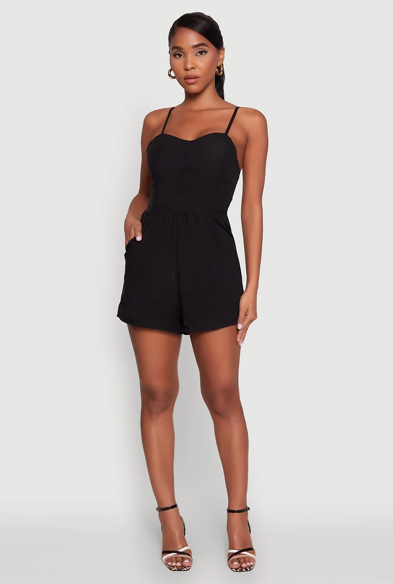 Womens Chic Sleeveless Padded Cup Romper with Pockets and Smocked Details,