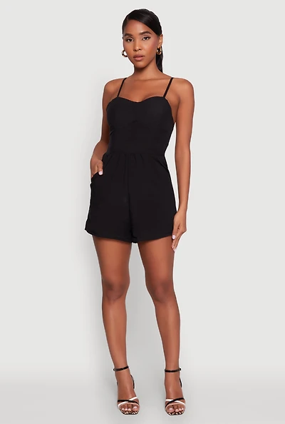 Womens Chic Sleeveless Padded Cup Romper with Pockets and Smocked Details,
