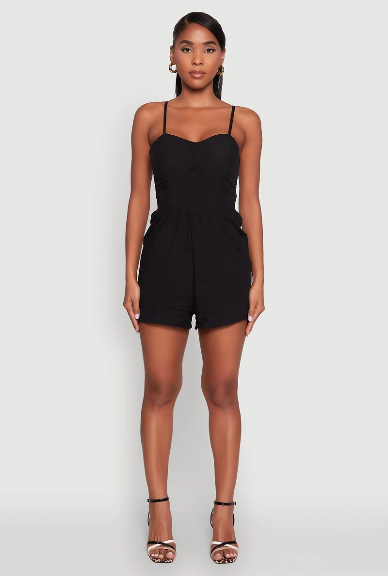 Womens Chic Sleeveless Padded Cup Romper with Pockets and Smocked Details,