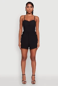 Womens Chic Sleeveless Padded Cup Romper with Pockets and Smocked Details,