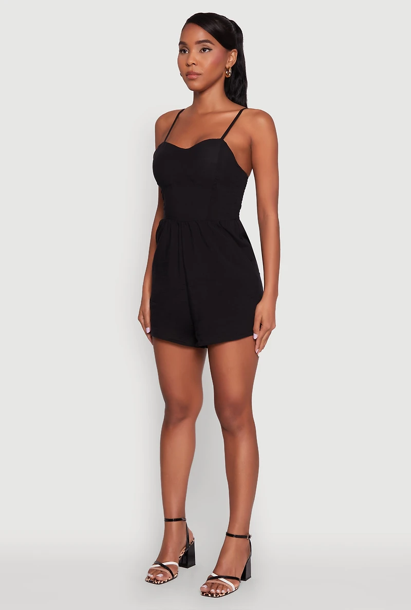 Womens Chic Sleeveless Padded Cup Romper with Pockets and Smocked Details,