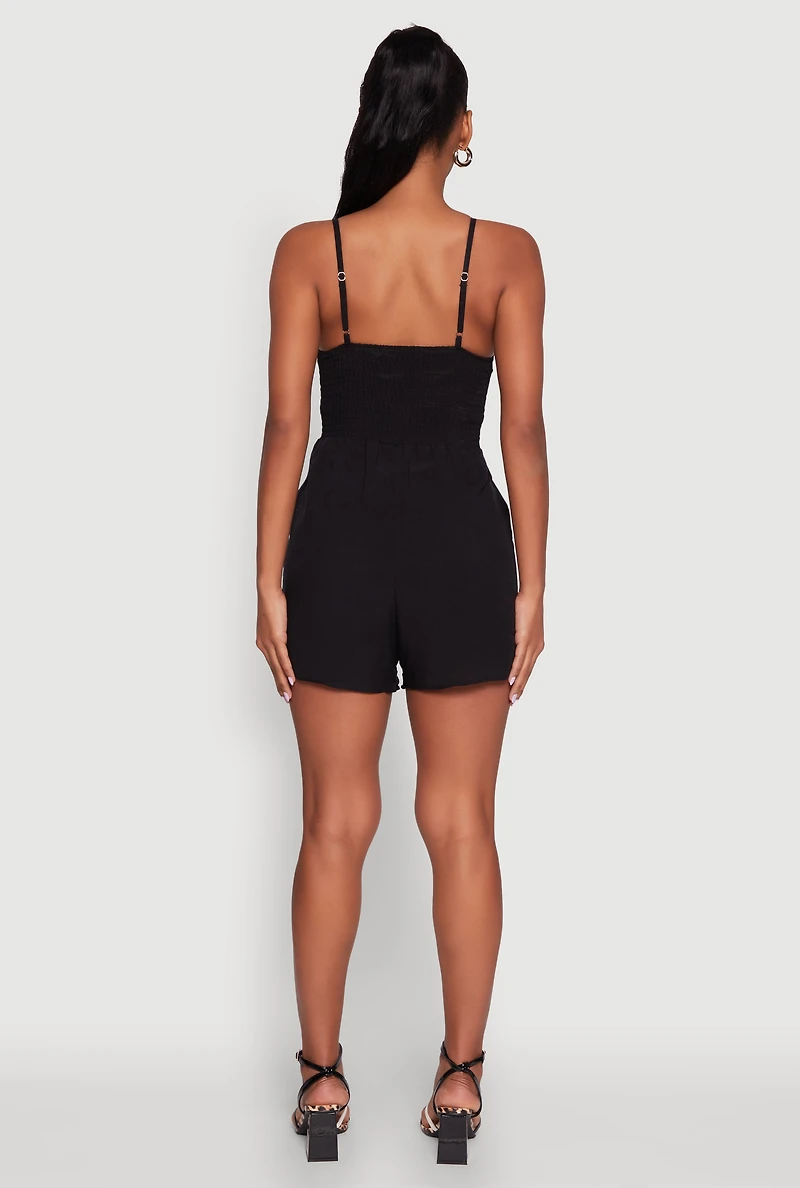 Womens Chic Sleeveless Padded Cup Romper with Pockets and Smocked Details,