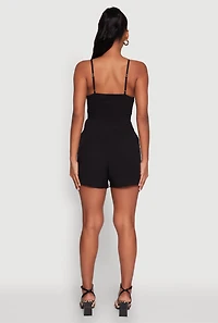 Womens Chic Sleeveless Padded Cup Romper with Pockets and Smocked Details,