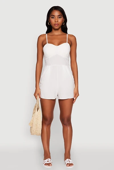 Womens Chic Sleeveless Padded Cup Romper with Pockets and Smocked Details, White,