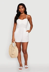 Womens Chic Sleeveless Padded Cup Romper with Pockets and Smocked Details, White,
