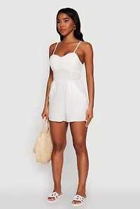 Womens Chic Sleeveless Padded Cup Romper with Pockets and Smocked Details, White,