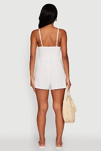 Womens Chic Sleeveless Padded Cup Romper with Pockets and Smocked Details, White,
