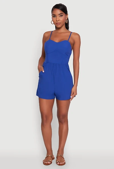 Womens Chic Sleeveless Padded Cup Romper with Pockets and Smocked Details,