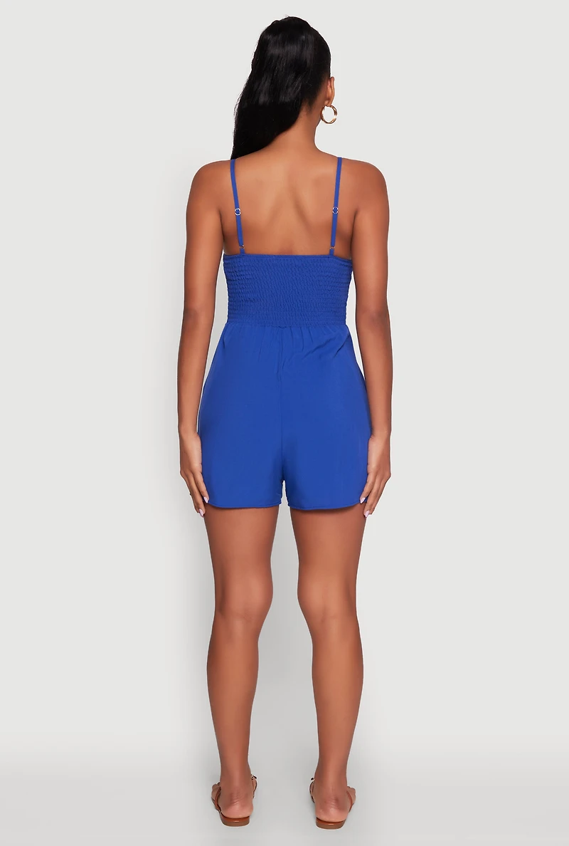 Womens Chic Sleeveless Padded Cup Romper with Pockets and Smocked Details, M