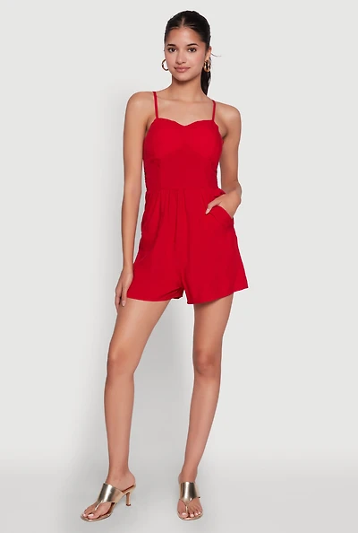 Chic Sleeveless Padded Cup Romper with Pockets and Smocked Details